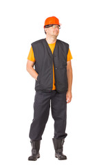 Worker in vest and glasses.