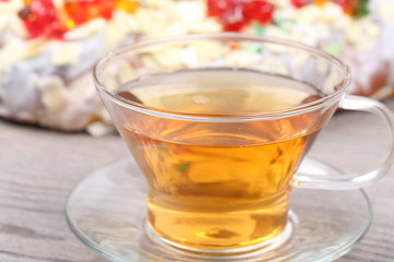 Tea cup and pretzel with jelly