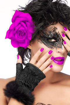 Beauty Fashion Woman in Carnival Mask. Purple Lips and Manicure