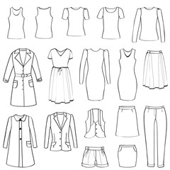 Fashion icon set. Female cloth collection. Dress silhouette.
