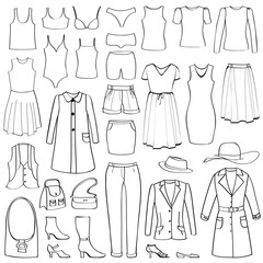 Fashion icons set. Female cloth collection. Dress silhouette.