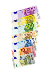 Eine Reihe von Euro- Geldscheinen von 5 bis 500