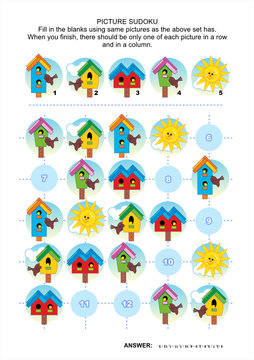 Picture sudoku puzzle with spring birdhouses