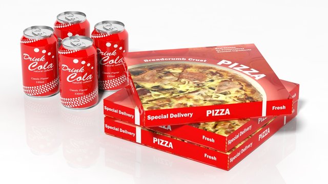 3D cola cans and pizza boxes isolated on white