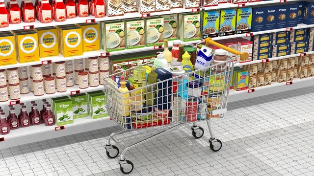 Supermarket interior and shopping cart with various products