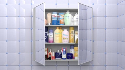 Various cosmetics and personal care products in bathroom cabinet