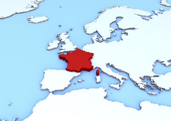 Cartina Europa, Francia in rilievo rossa, 3d