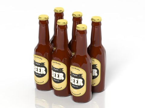 3D six pack collection of beer glass bottles isolated on white