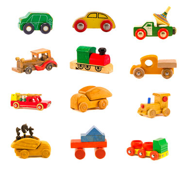 collection old wooden  car truck toys isolated on white