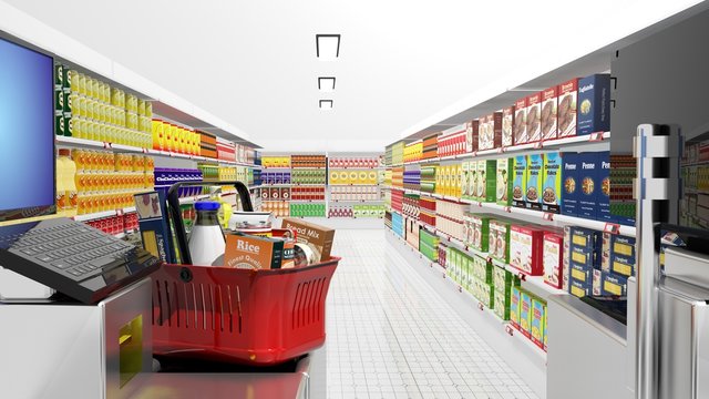 Supermarket interior with cash machine and groceries
