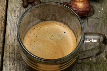 cup of coffee grain old wooden background retro vintage