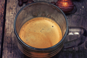 cup of coffee grain old wooden background retro vintage