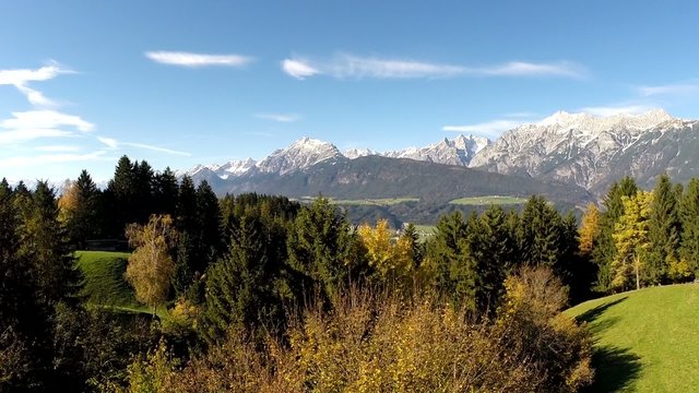 Mountain Panorama with Trees in Autumn - Aerial Flight