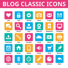 Blog vector icons set in color of flat style design.
