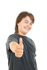 chubby kid or boy smiling and confidently posing with thumb up