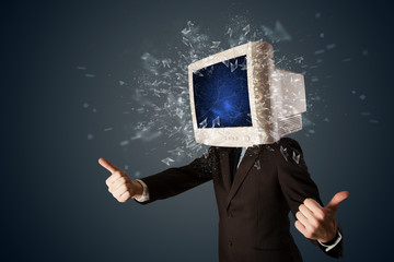 Computer monitor screen exploding on a young persons head
