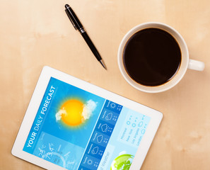 Tablet pc showing weather forecast on screen with a cup of coffe