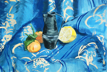 Traditional painting of a steel pot and fruits