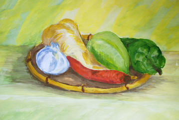 Still life composition of fresh fruits and vegetables