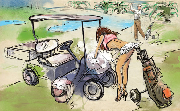 Golf, washing cart - An hand drawn and painted illustration