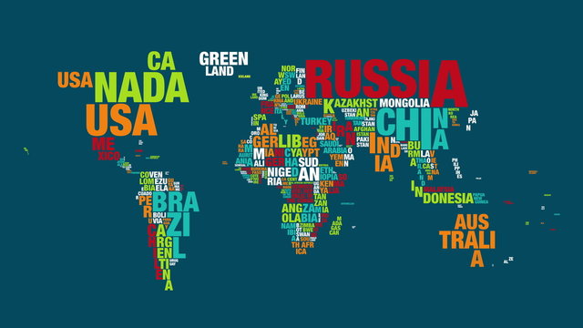 Colorful word cloud of world map in 4k resolution