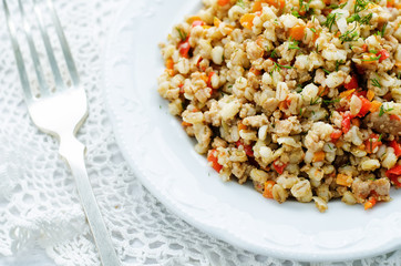 barley porridge with meat and vegetables