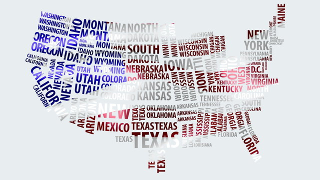 Word cloud of the United States map with USA flag texture in 4k 