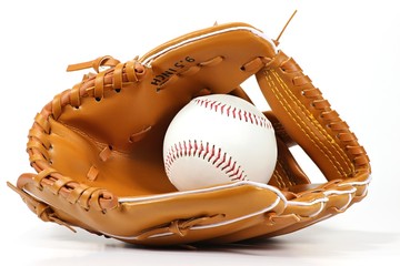 Baseballhandschuh und Ball isoliert auf weißem Hintergrund - obrazy, fototapety, plakaty