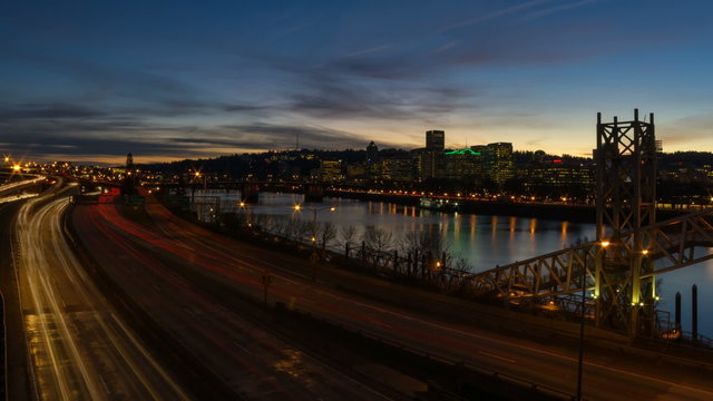 Time Lapse of Freeway Traffic with Portland OR Cityscape