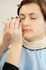 Makeup artist stylist applying with brush cosmetic on eyebrow