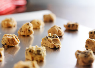 chocolate cookie dough formed on to baking tray