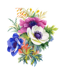 Watercolor illustration of beautiful bouquet of anemone flowers