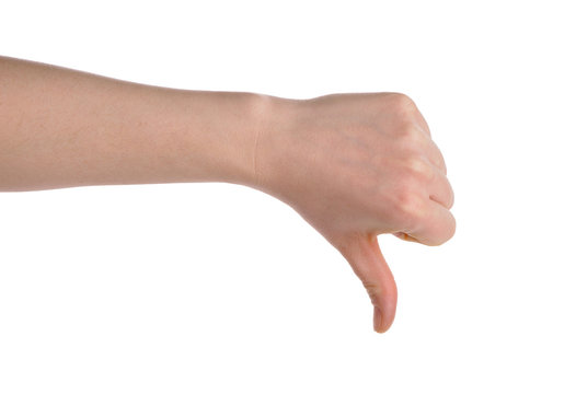 hand showing thumb down isolated over white