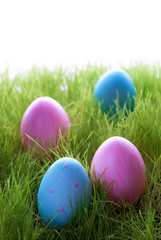Fototapeta na wymiar Four Decorative Easter Eggs On Green Grass