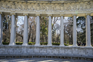 Classic columns gallery, Lake in Retiro park, Madrid Spain