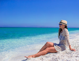 Fototapeta na wymiar Happy young woman during beach tropical vacation