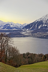 Sunrise over the Thun lake in Switzerland in winter