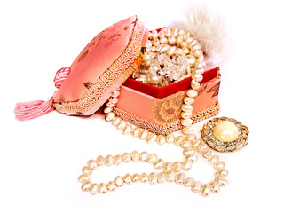 Jewelry box with a pearl necklace, isolated on white background