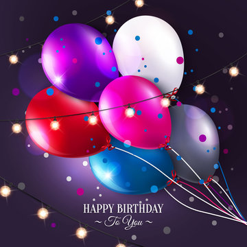 Vector birthday card with balloons and lights.