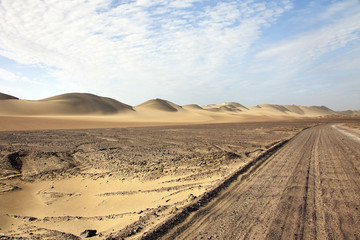 Fototapeta na wymiar Riserva di Paracas, il deserto in Perù. Pista battuta.