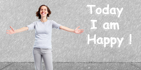 Positive happy woman on abstract background.