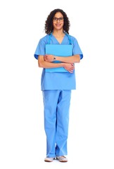 Medical doctor woman isolated white.