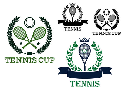 Tennis tournament emblems with rackets and balls