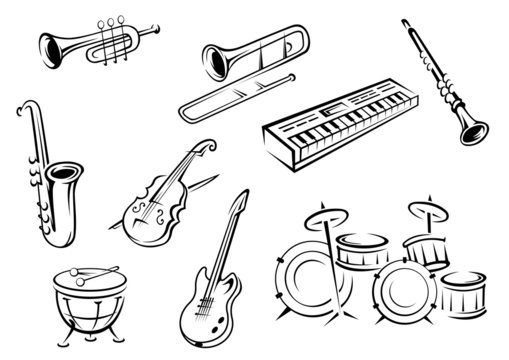 Outline string, wind, keyboard and percussion instruments