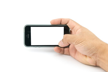 Hand holding smartphone with blank screen on white background