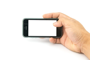 Hand holding smartphone with blank screen on white background