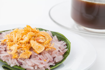 Sweet sticky rice with dried fish, dessert in Thai style on whit