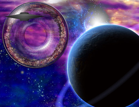 Saucer craft near large interstellar city ship