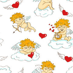 Seamless pattern with funny cartoon cupids