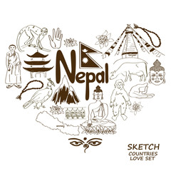 Nepal symbols in heart shape concept